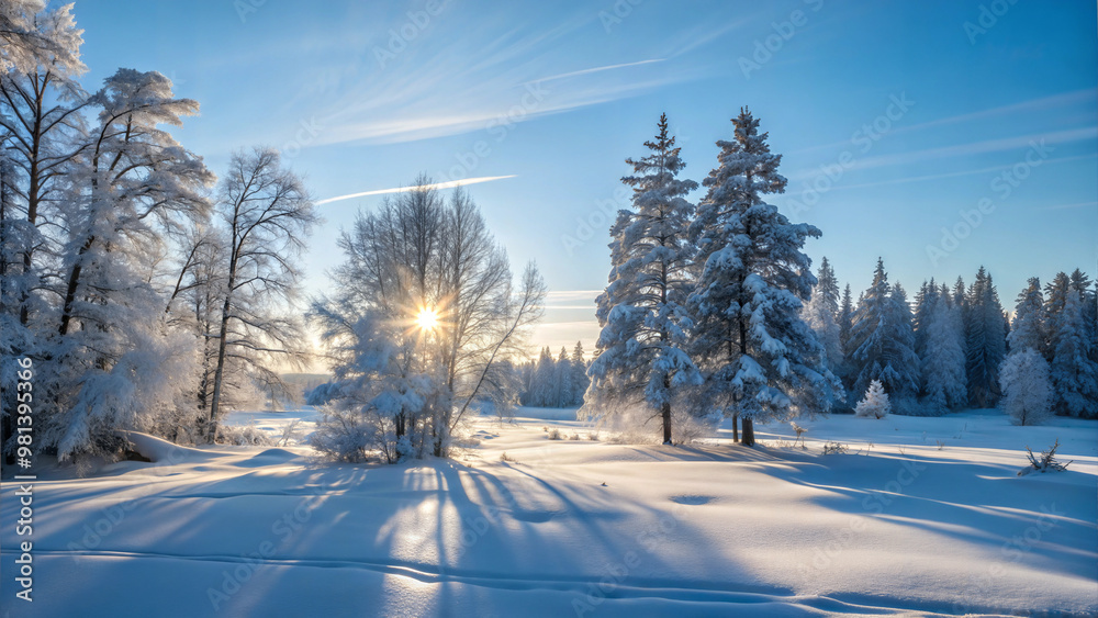 Breathtaking winter landscape with sun shining through snow-covered trees and pristine white snow Breathtaking winter landscape with sun shining through snow-covered trees and pristine white snow