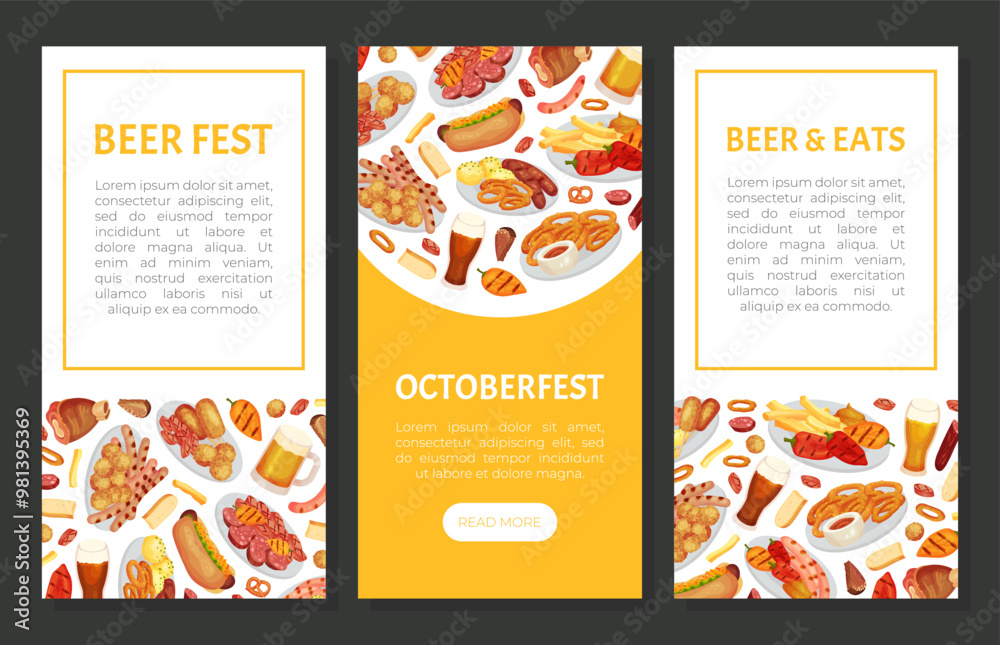 Naklejka premium October Fest Banner Design with Food and Beer Vector Template