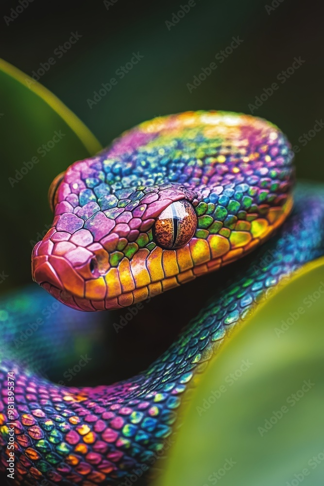 Fototapeta premium Close-up of a vibrant multicolored snake resting among green leaves.