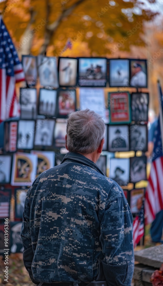 Obraz premium Veteran Reflecting on Military Service at Outdoor Veterans Day Display with Flags and Memorabilia