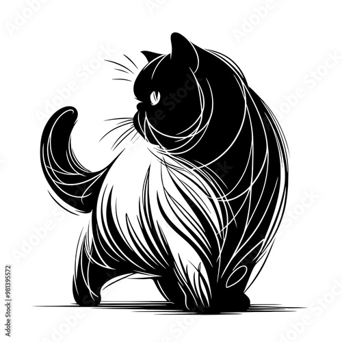 Exotic Shorthair black and white cat with a fluffy tail is standing on a white background. The cat has a serious expression on its face, and its body language suggests that it is alert and attentive