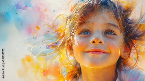 a watercolor painting a very happy little child Close-up 