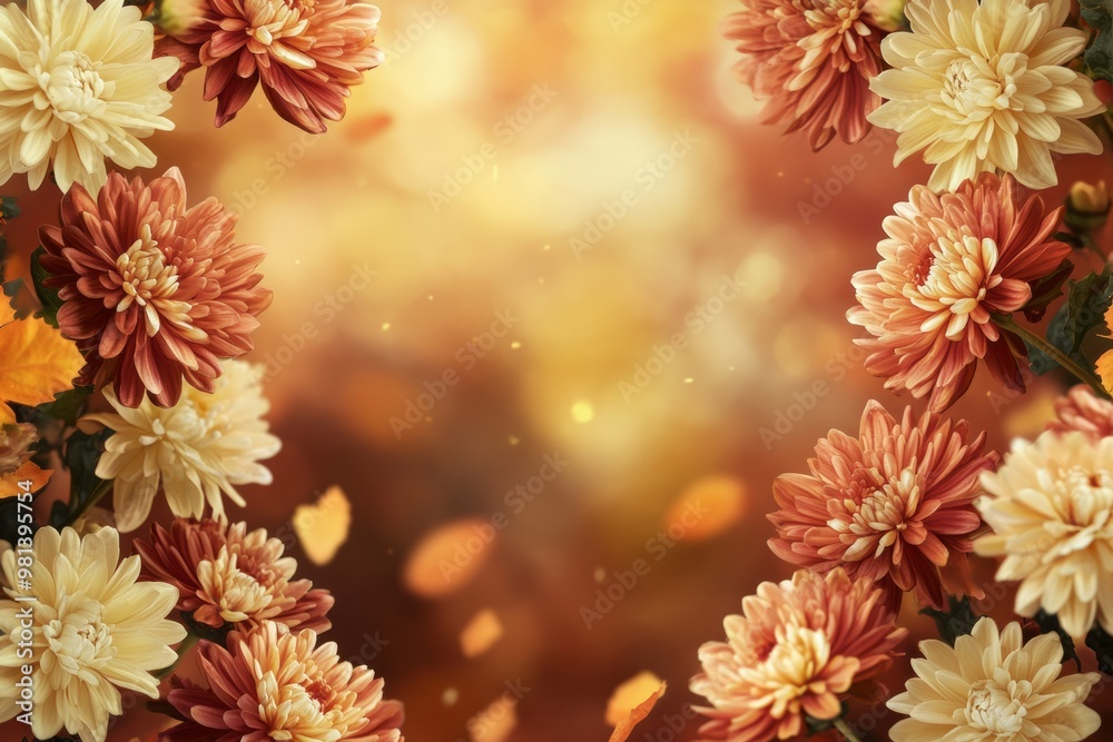 Chrysanthemums autumn background with copy space center, warm color palette. Invitation banner template. Chrysanthemums autumn background with copy space center, warm color palette. Invitation banner template.