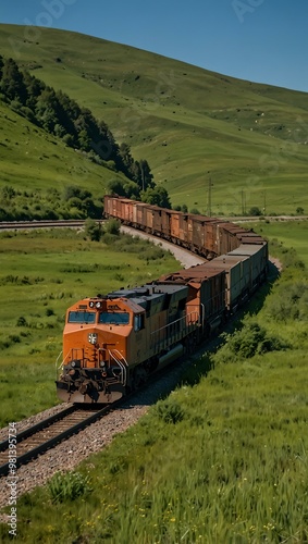 Freight train traveling through green fields under a clear blue sky.