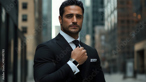 The image shows a man standing outdoors in an urban setting, dressed in a sharp black suit, white dress shirt photo