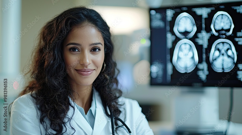 a mauritian good looking female doctor with brown skin analysing a MRI report of head with black tone in a modern context, with blurry background a mauritian good looking female doctor with brown skin analysing a MRI report of head with black tone in a modern context, with blurry background