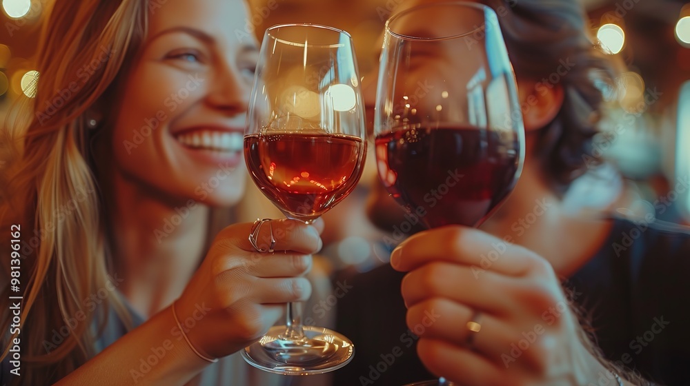 happy couple drinking red wine from glasses Close-up
