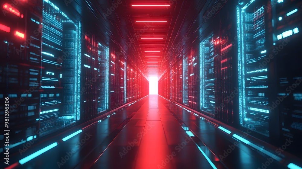 Fototapeta premium Storage Solutions - Visualize advanced storage solutions with network-attached storage (NAS), storage area networks (SAN), and cloud storage units interconnected in a futuristic data repository
