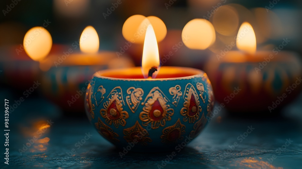 A serene scene of Diwali candles being lit, with vibrant colors and intricate designs on the candles, symbolizing joyous celebration during the Hindu festival of lights, set against a soft background A serene scene of Diwali candles being lit, with vibrant colors and intricate designs on the candles, symbolizing joyous celebration during the Hindu festival of lights, set against a soft background