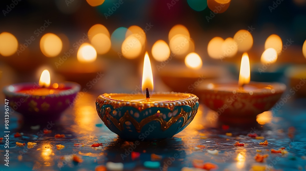 A serene scene of Diwali candles being lit, with vibrant colors and intricate designs on the candles, symbolizing joyous celebration during the Hindu festival of lights, set against a soft background A serene scene of Diwali candles being lit, with vibrant colors and intricate designs on the candles, symbolizing joyous celebration during the Hindu festival of lights, set against a soft background