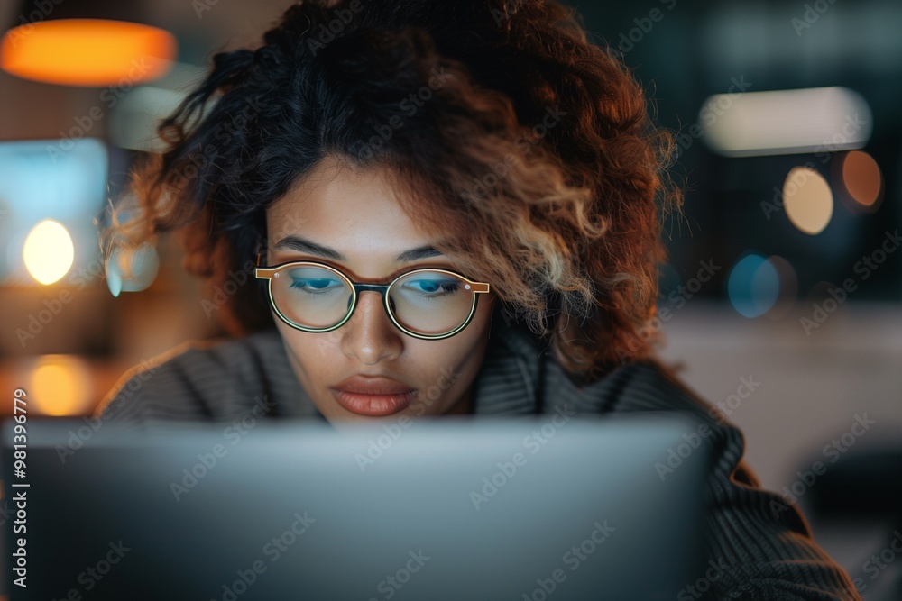 Preparing a presentation for her client: A marketing manager who is working late Preparing a presentation for her client: A marketing manager who is working late