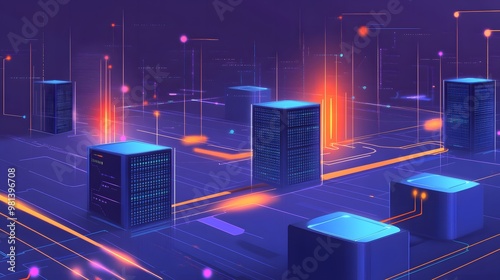 Load Balancing - Illustrate a dynamic load balancing system with multiple servers evenly distributing network traffic, represented by flowing streams of data balancing across a digital landscape