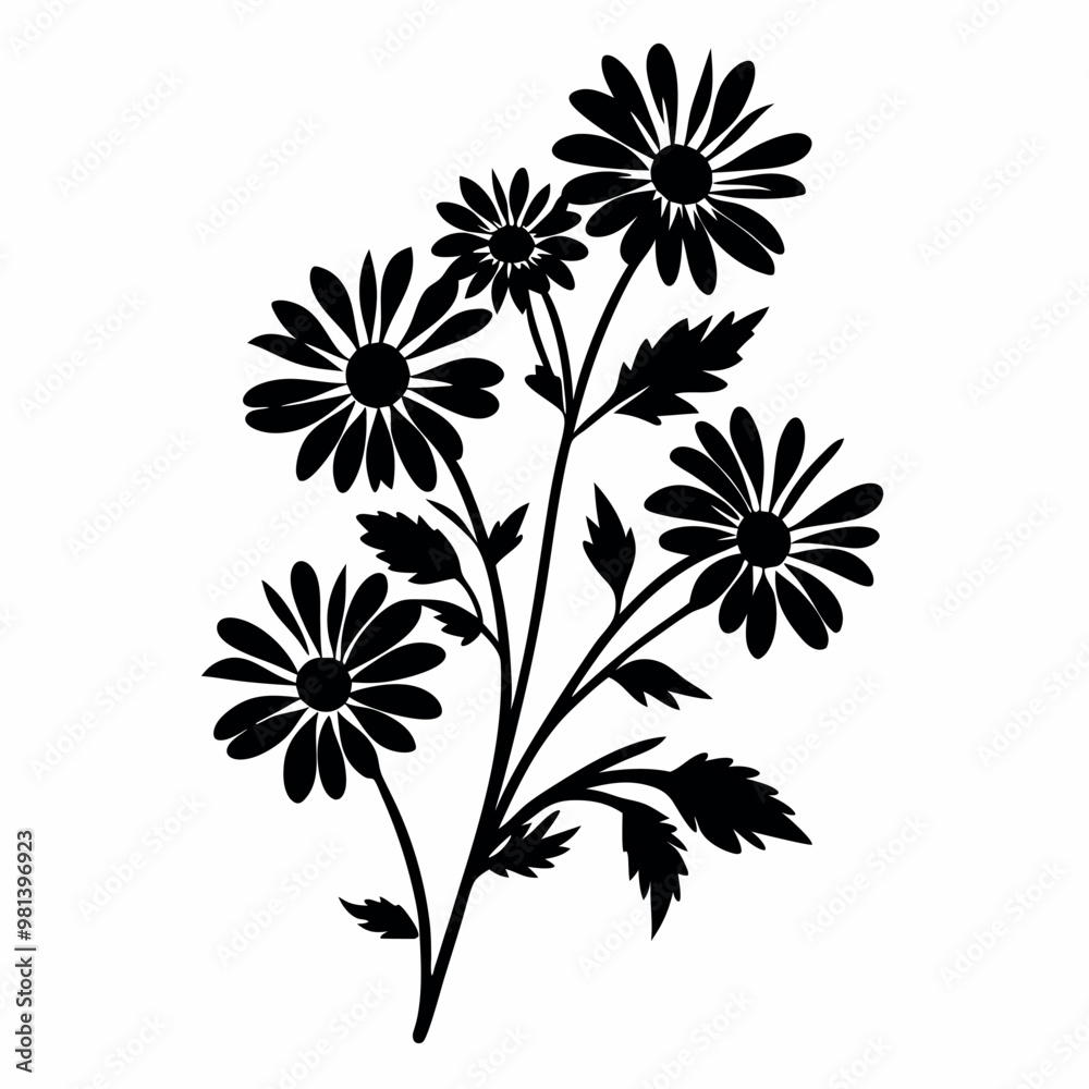 a black and white silhouette of a bunch of flowers. The flowers are daisies with five petals each and a yellow center. The stems and leaves are long and thin, with a few small buds scattered throughou
