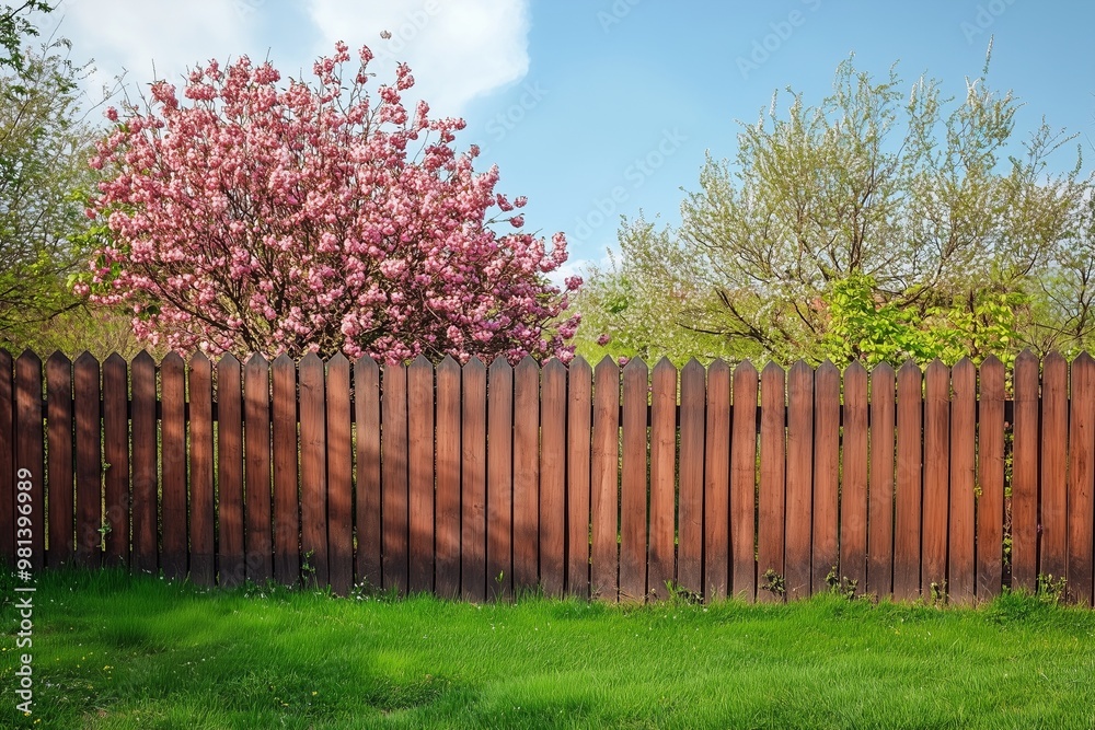 Fototapeta premium Wooden fence in the backyard and trees blooming in spring