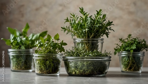 Fresh culinary herbs in glass dishes on a light background.