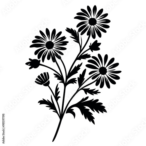 a black and white silhouette of a bunch of flowers. The flowers are daisies with five petals each and a yellow center. The stems and leaves are long and thin, with a few small buds scattered throughou