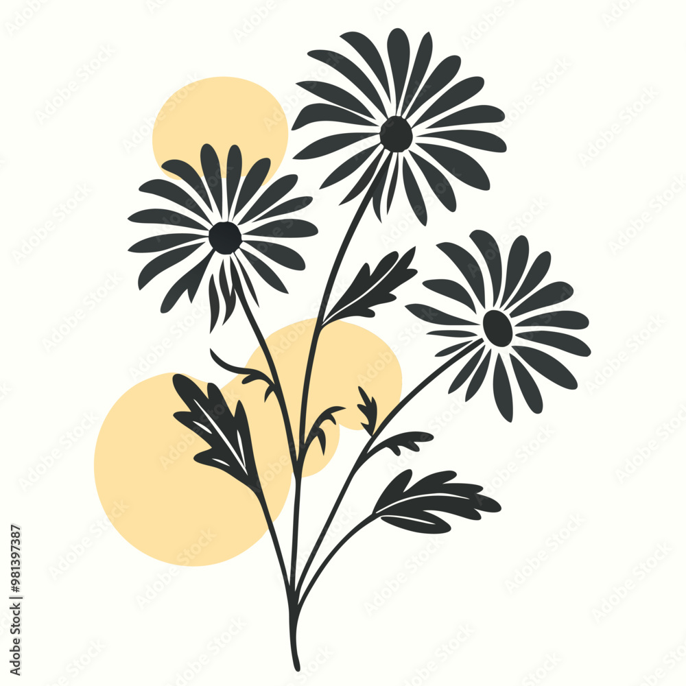 a black and white silhouette of a bunch of flowers. The flowers are daisies with five petals each and a yellow center. The stems and leaves are long and thin, with a few small buds scattered throughou a black and white silhouette of a bunch of flowers. The flowers are daisies with five petals each and a yellow center. The stems and leaves are long and thin, with a few small buds scattered throughou