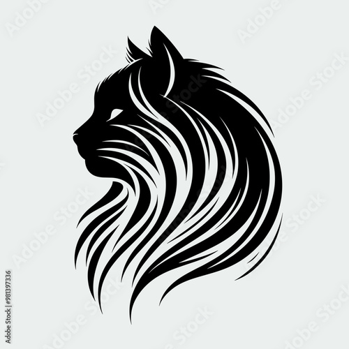A cat with long hair is shown in a black and white drawing. The cat has a very long tail and is looking at the camera. The drawing has a very sleek and elegant look to it