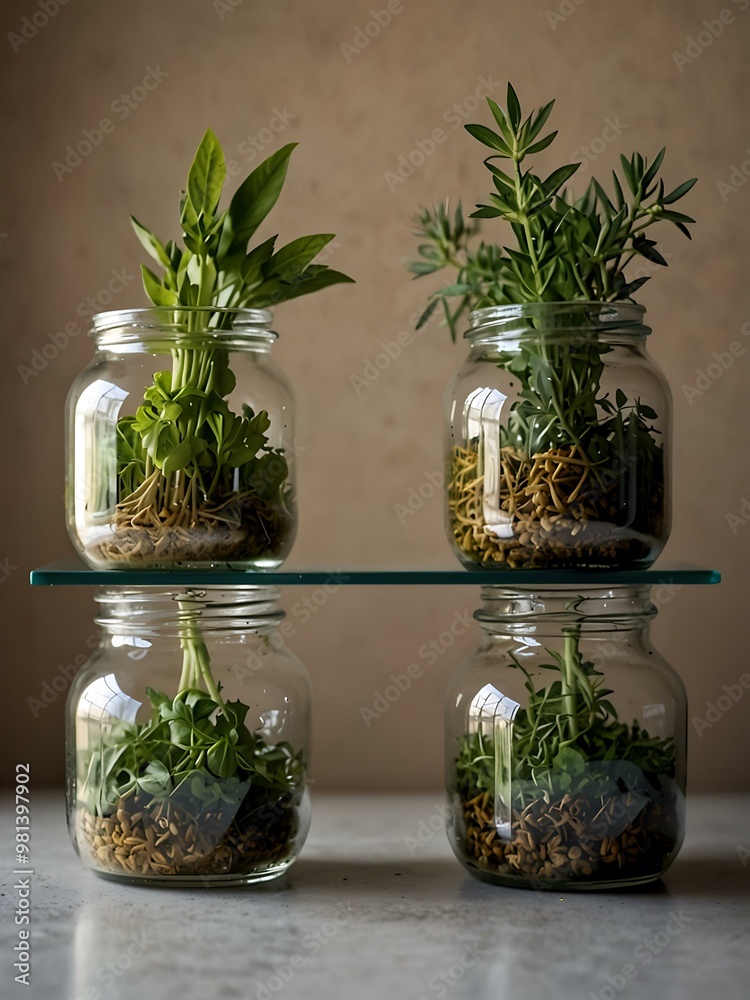 Fresh herbs displayed in glass dishes against a light background.