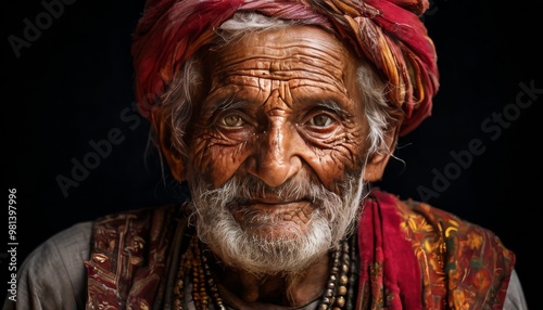 A cheerful senior man in a traditional red turban and ornate clothing smiles warmly. His weathered face and joyful expression radiate wisdom and positivity, set against a dark background.