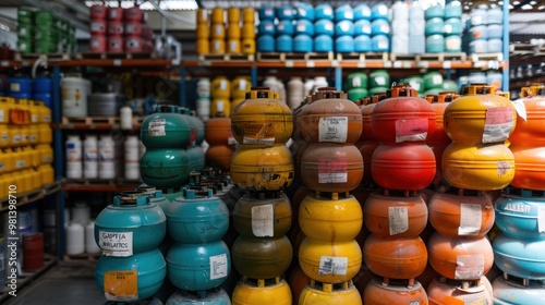 Stacked Cylindrical Containers in a Warehouse