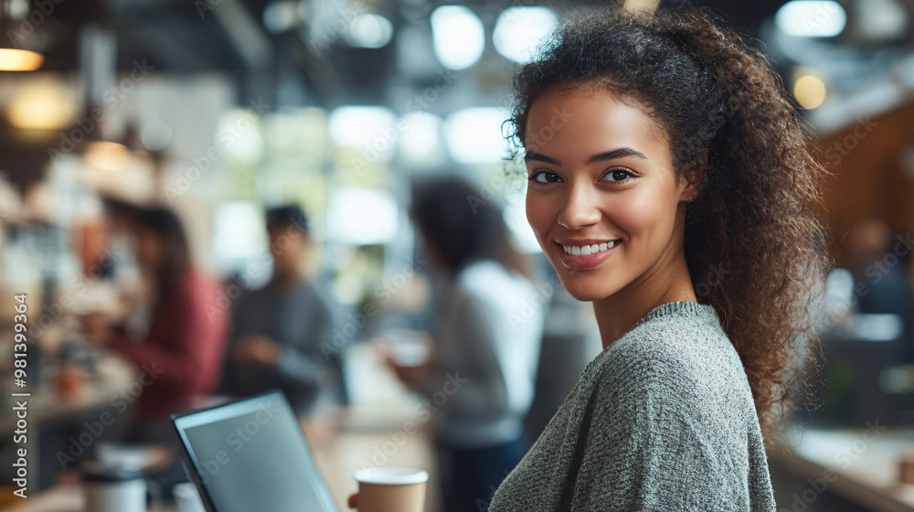 Young professional woman is holding a coffee and smiling in a busy modern office cafeteria Young professional woman is holding a coffee and smiling in a busy modern office cafeteria