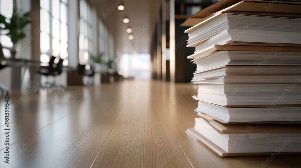 A stack of documents sits on a polished wooden floor in a modern office space, with large windows letting in natural light, This image can be used for themes of productivity, organization A stack of documents sits on a polished wooden floor in a modern office space, with large windows letting in natural light, This image can be used for themes of productivity, organization