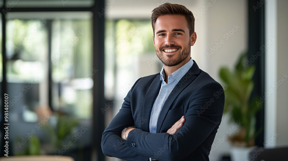 Young businessman is smiling confidently with his arms crossed in a modern office environment Young businessman is smiling confidently with his arms crossed in a modern office environment