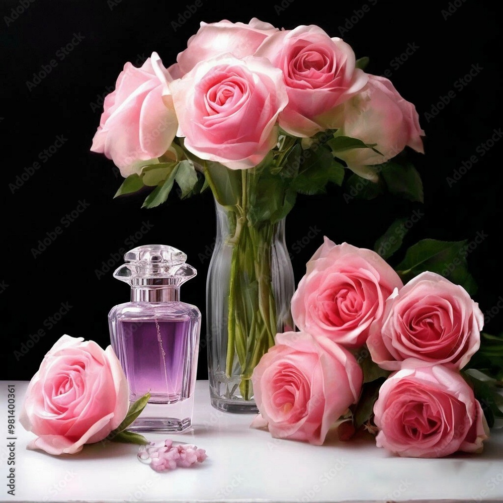 There is a vase of roses on the table and a bottle of perfume next to it There is a vase of roses on the table and a bottle of perfume next to it
