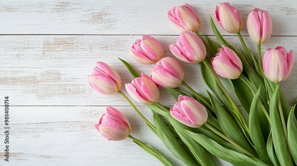 Delicate pink tulips gracefully arranged on rustic white wooden background, embodying spring's gentle arrival and nature's timeless beauty in a serene composition. Delicate pink tulips gracefully arranged on rustic white wooden background, embodying spring's gentle arrival and nature's timeless beauty in a serene composition.