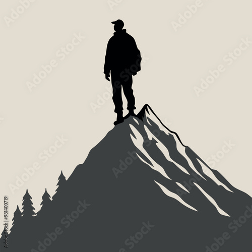 a black silhouette of a person standing on top of a mountain. The person is facing away from the camera and appears to be looking towards the right side of the image