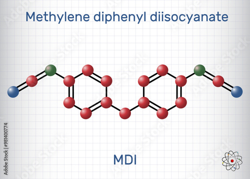 Methylene diphenyl diisocyanate, MDI molecule. It is core component in polyurethane synthesis. Molecule model. Sheet of paper in a cage. Vector