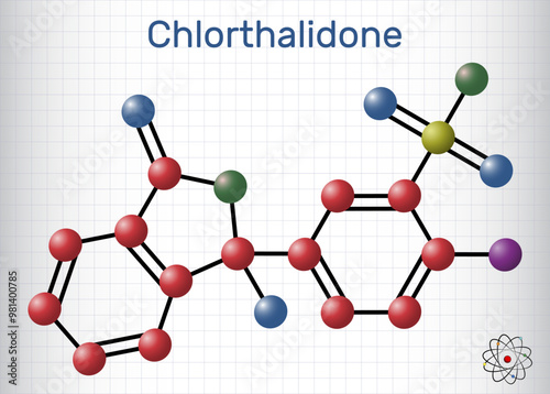 Chlorthalidone molecule. It is diuretic drug. Molecule model. Sheet of paper in a cage. Vector