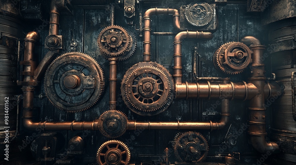 A detailed arrangement of copper gears and pipes, showcasing industrial machinery and design. A detailed arrangement of copper gears and pipes, showcasing industrial machinery and design.