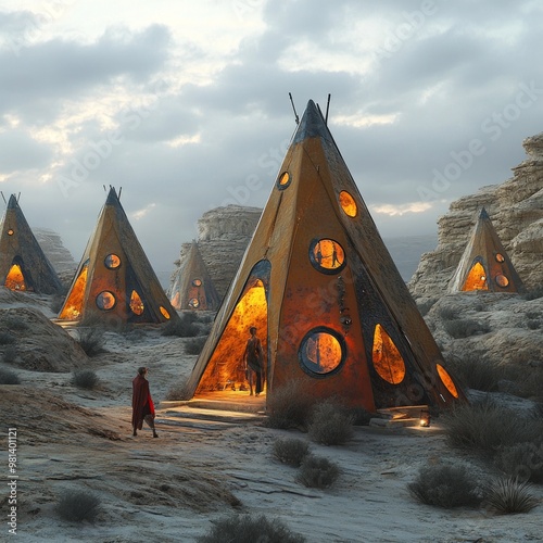 Futuristic teepees with glowing windows stand in a desert landscape. photo