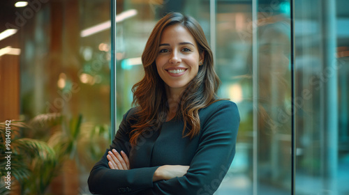 Free Download Young female professional smiles with arms crossed in a contemporary office setting - GFXLoad