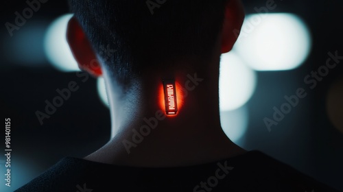 Glowing cybernetic implant on the back of the neck in a futuristic setting photo