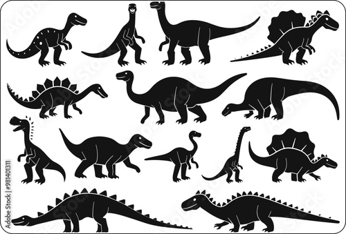 Fototapeta Naklejka Na Ścianę i Meble -  Abstract vector set of isolated dinosaur silhouette illustration, Cute baby Dinosaurs vector illustration, set of funny dinosaur SVG black silhouette, baby invitation template design 
