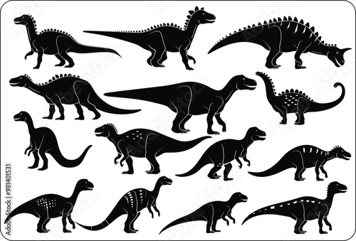 Abstract vector set of isolated dinosaur silhouette illustration, Cute baby Dinosaurs vector illustration, set of funny dinosaur SVG black silhouette, baby invitation template design 