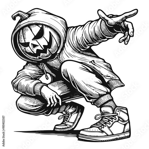 Hipster Jack-o'-Lantern in Hoodie Line Art - Halloween Character Vector Illustration with Urban Style, Streetwear Vibes, Dynamic Pose, Isolated on White Background, Vibrant and Modern Design
