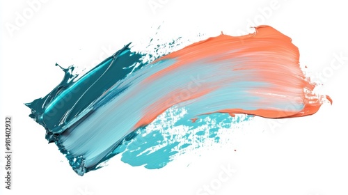 Turquoise coral flat oil paint stroke on white background showcasing vibrant color blend photo