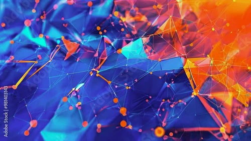 8K digital wallpaper featuring blueorange gradient polygons network grid fusion technology. Concept Polygon Art, Grid Network, Fusion Technology, Blue-Orange Gradient photo