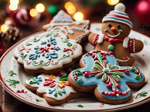 The cookies are adorned with icing and colorful decorations, capturing the essence of holiday baking and seasonal delight.