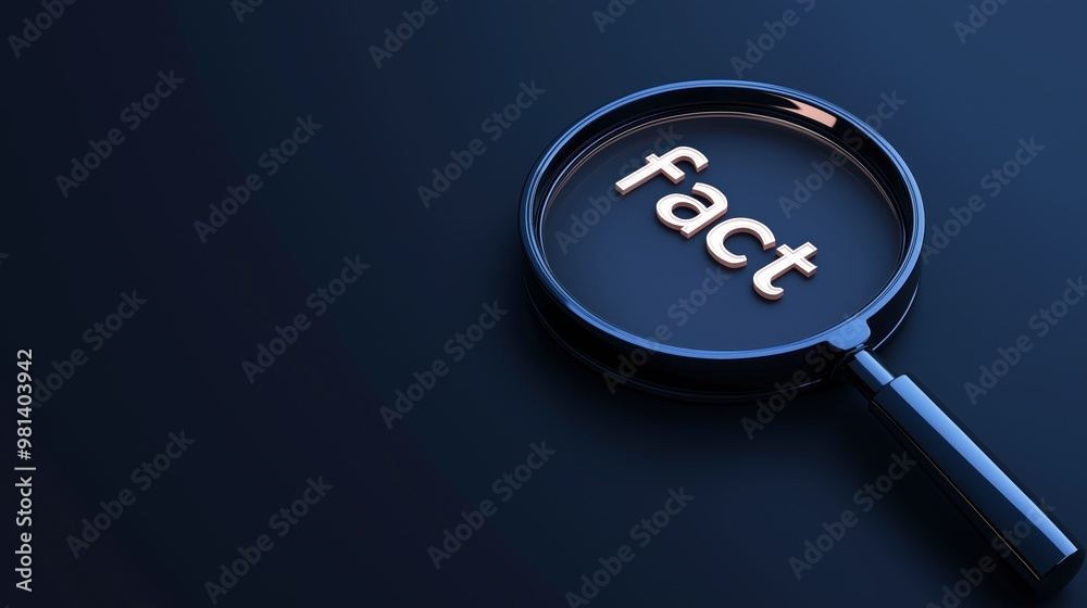 A magnifying glass focusing on the word 'fact' on a dark background with copy space A magnifying glass focusing on the word 'fact' on a dark background with copy space