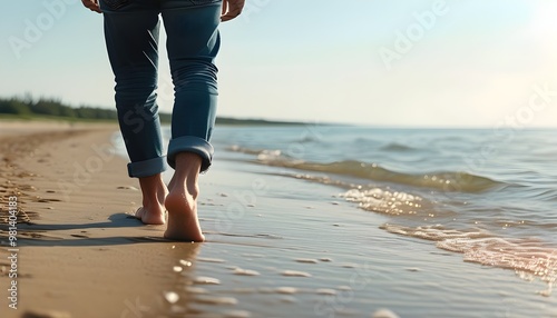 Serene beach stroll with gentle waves and a vibrant sky in the backdrop photo