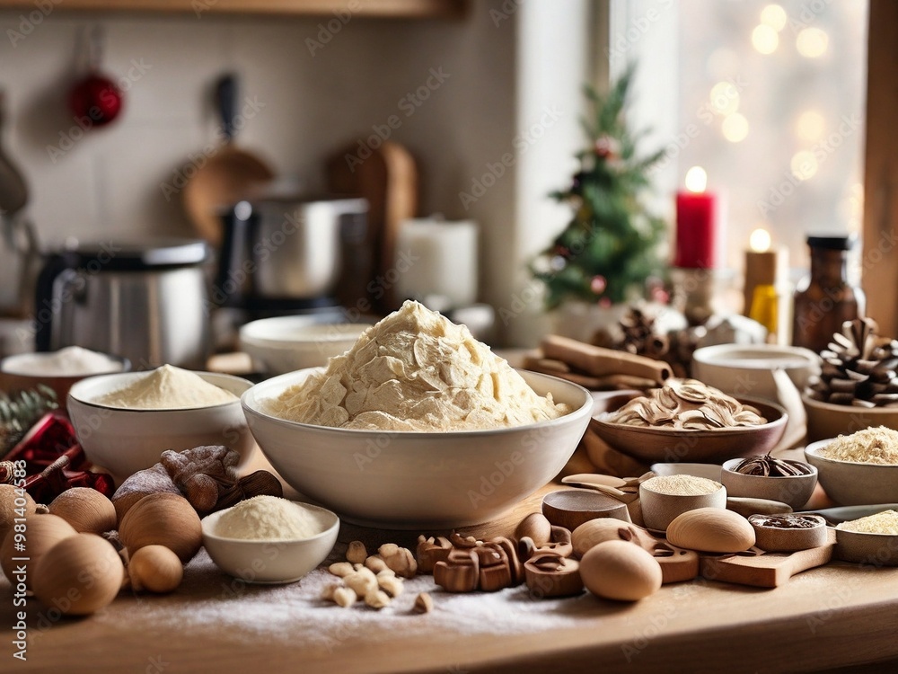 Fototapeta premium A detailed photo of holiday baking ingredients neatly arranged on a kitchen counter, ready for creating festive treats. 