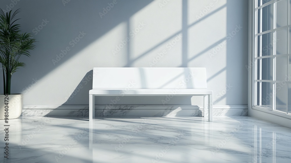 Obraz premium luxury interior design featuring a white bench on marble flooring perfect for illustrating classic elegance, polished textures, and indoor decor