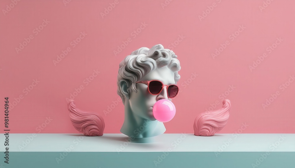 A classic bust statue with sunglasses and bubble gum, set against a pink background. A classic bust statue with sunglasses and bubble gum, set against a pink background.