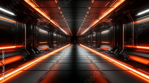 A futuristic corridor illuminated by orange lights, showcasing sleek, metallic surfaces and a sense of depth.