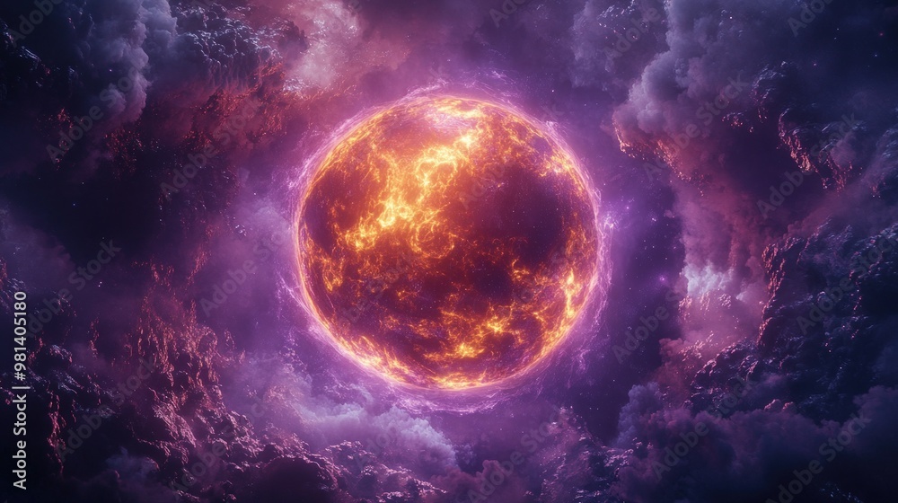 A fiery orb glows brightly, surrounded by dark purple clouds. A fiery orb glows brightly, surrounded by dark purple clouds.